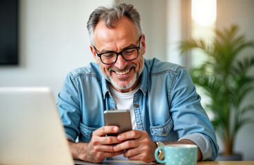 Smiling middle-aged man checks news on phone at home. Happy mature adult in casual attire sits at home office desk. Uses smartphone to read news. Confident older man relaxed, happy. Home office