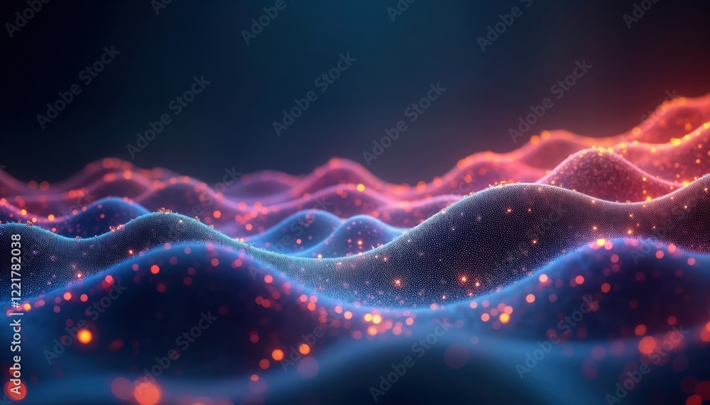 Poster abstract illustration visualizes data flow. colorful glowing mesh structures resemble network system