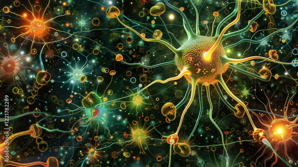Poster digital illustration of colorful neurons and synapses in neural network, showcasing complexity of br