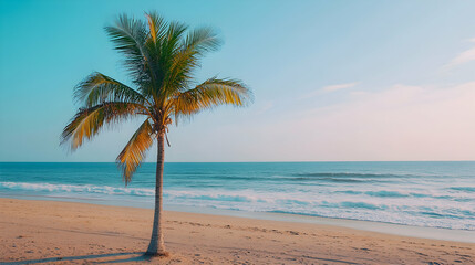 Obraz premium Serene Beach Scene with Palm Tree Under Clear Blue Sky