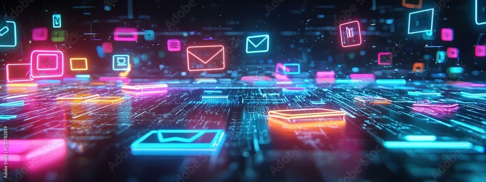 Aufkleber glowing e-learning icons floating in an abstract, futuristic environment