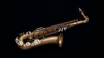 Golden Saxophone Instrument on Black Background with Detailed Design