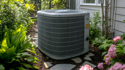 Air Conditioning Unit Surrounded by Lush Greenery and Flowers