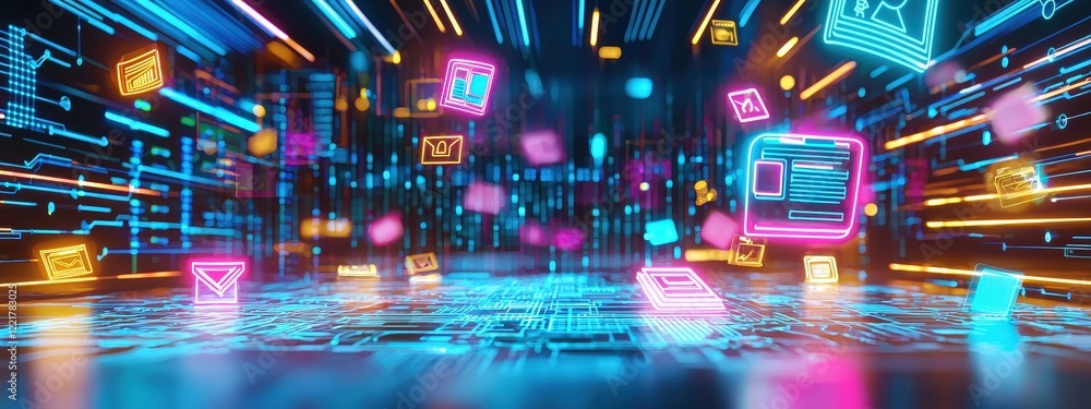Poster glowing e-learning icons floating in an abstract, futuristic environment