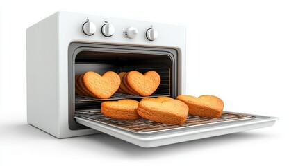 3D cartoon ovens with heart-shaped cookies inside