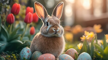 Vibrant Easter scene with a bunny nestled among blooming tulips and painted eggs in a sunny garden