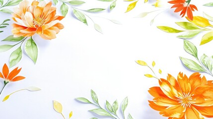 Obraz premium A vibrant floral arrangement with orange flowers and green leaves, creating a lively and colorful border against a blank white background.