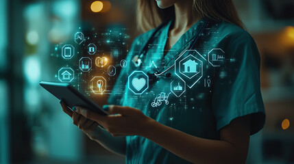 medical with tablet uses digital tablet with glowing icons health data concept illustration