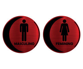 Placas Banheiro Redondas Com Meia Lua. Masculino e Feminino. Textura Metal Vermelho.