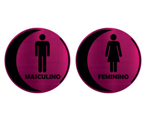 Placas Banheiro Redondas Com Meia Lua. Masculino e Feminino. Textura Metal Rosa.