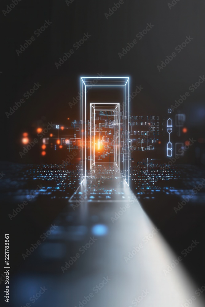 Poster glowing bridge between two platforms symbolizing connection.