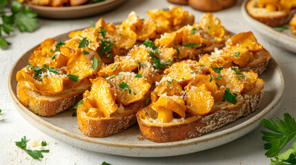 Fototapeta premium Savory Bread Slices Topped with Cheese and Herb Garnish