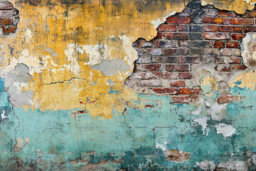 Obraz premium Weathered wall with peeling paint and exposed bricks, showcasing urban decay and color contrast
