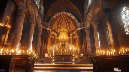 Fototapeta premium A grand church altar adorned with candles and ornate carvings, bathed in golden light.