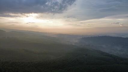 Drone view of forest and trees with mountains background sunrise and clouds in the morning