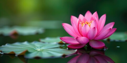 Lotus flower blooming on pond surface with surrounding water, aquatic, reflection, bloom