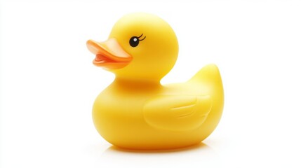 A cheerful yellow rubber ducky, a classic bath toy, sits against a bright white background.
