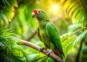Vibrant Green Parrot on Tropical Branch - Long Exposure Stock Photo