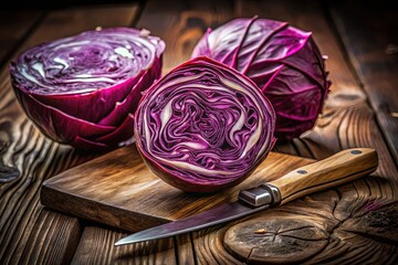 Vibrant Red Cabbage Sliced on Rustic Wooden Table with Knife