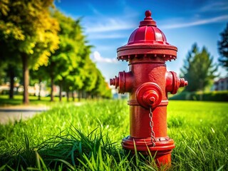 Vibrant Red Fire Hydrant Close-Up Against Lush Green Grassy Landscape