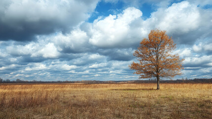 Fototapeta premium Single Leafless Tree Surrounded by Brown Grass and Dramatic Clouds