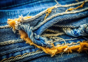 Worn Denim Jeans Texture: Close-up of Ripped and Faded Blue Jeans Fabric