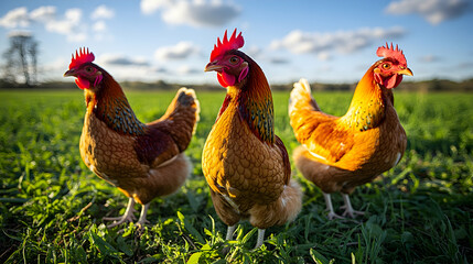 Fototapeta premium Three Vibrant Chickens in Sunny Green Pasture Under Blue Sky