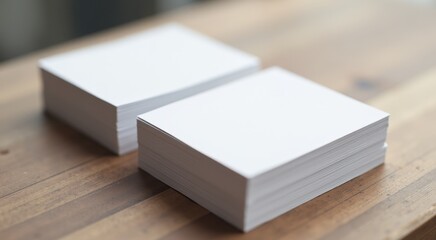 Two white business cards sitting on a wooden table