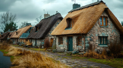 Fototapeta premium Cozy Stone Cottages with Thatched Roofs in a Rural Landscape