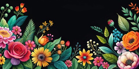 Vibrant Floral Border Design Featuring a Diverse Array of Flowers and Lush Greenery on a Black Background