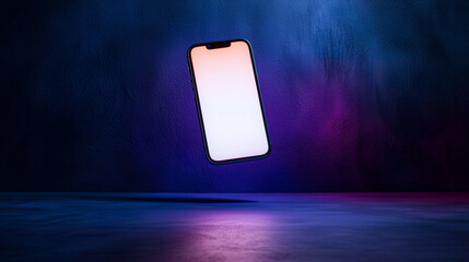 A floating smartphone with glowing ambient lights on a textured, moody background. Perfect for futuristic branding or product highlights.