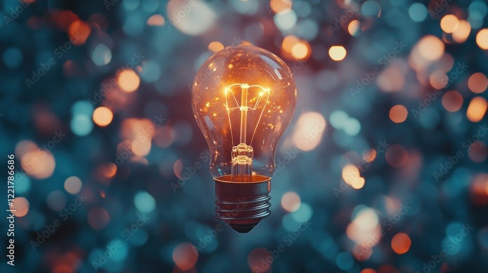 Poster illuminating ideas: a glowing lightbulb against a sparkling bokeh background