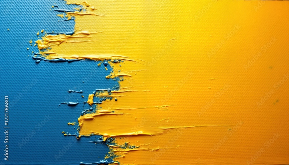 Poster abstract art piece. vibrant yellow, blue paint strokes on canvas. intriguing texture created by pain