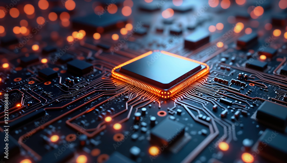  close-up view of computer cpu chip on circuit board. orange lights highlight intricate circuitry. ad