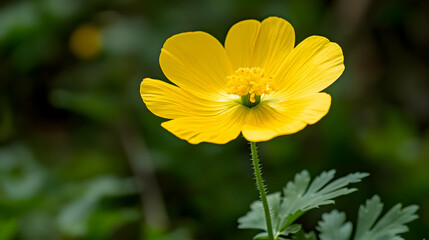 Bright Yellow Flower with Delicate Petals Against Green Background
