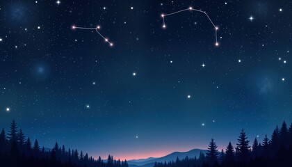 Naklejka premium Night sky with constellations and nebulae. Starry sky above dark silhouettes of forest and mountains. Peaceful celestial scene. Perfect for wallpaper design, posters and prints.