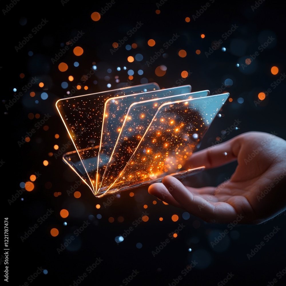 Poster hand presenting a glowing document surrounded by digital folders, representing digital documentation