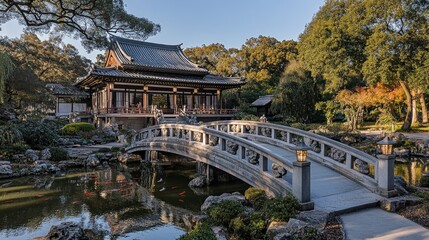 Obraz premium Tranquil Japanese Garden with Bridge and Traditional Architecture