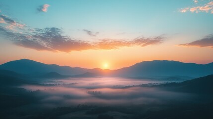 Serene Sunrise Misty Mountain Landscape at Dawn