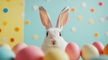 White rabbit with long ears peeking over a surface with colorful eggs in the backdrop, Easter celebration