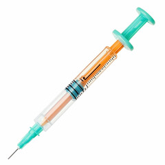 Medical syringe filled with orange liquid, isolated on white