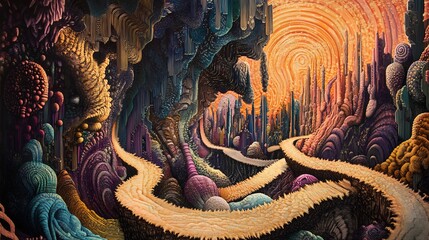 Fototapeta premium Surreal Dreamscape: A Journey Through a Twisted, Colorful Landscape