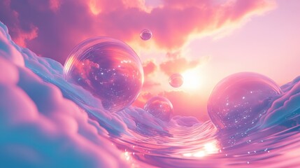 Pastel Sunset Ocean with Glowing Bubbles Dreamy Abstract Background