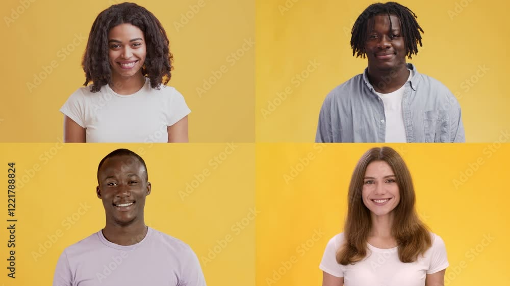Poster Four young adults express joy and confidence while posing against a bright yellow background. Their diverse features and cheerful expressions create a vibrant and welcoming atmosphere.