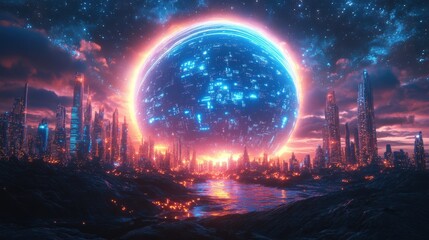 Futuristic Cityscape Neon Lights Cosmic Sphere Night Sky