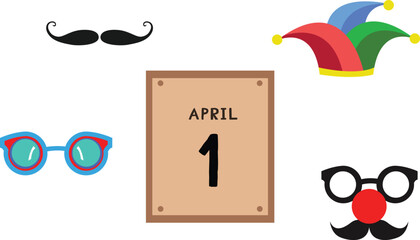 Playful set of April Fools Day symbols, including glasses, a mustache, a jester hat, and an April 1 calendar graphic.