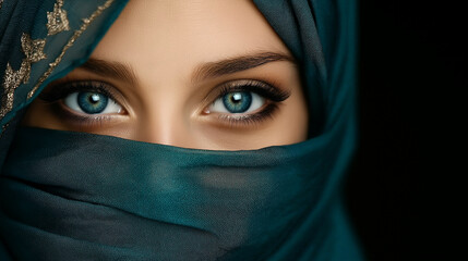 Mysterious woman with striking blue eyes