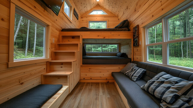 Cozy Interior of a Tiny House with Wooden Walls and Modern Design