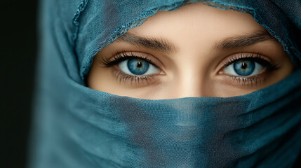 Fototapeta premium Captivating blue eyes peering through fabric veil
