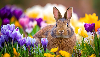Adorable brown bunny rabbit nestled amongst vibrant spring crocuses and wildflowers.  Perfect for Easter, spring, nature, and pet-themed projects.